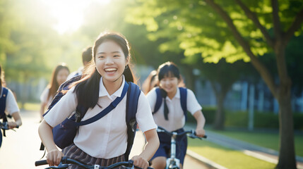 Happy young asian teenager student riding bicycle at the school