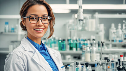 Portrait of a girl laboratory assistant in glasses