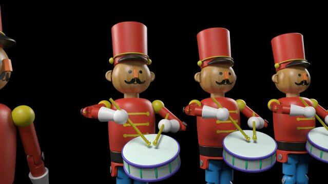 Transition of 3d Animated Toy Queen's Guard Soldiers In Red Uniforms Playing Cymbals And Drums In A Transparent Background.
