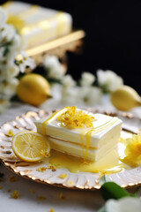 Obraz na płótnie Canvas Luxury, fine white chocolate with lemon on a plate close up