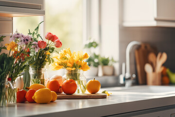 Fresh organically grown citrus fruits and colorful flowers in a glass vase on a cutting board in the kitchen. Bright light from the window. Concept for happy home and happy family health
 - Powered by Adobe