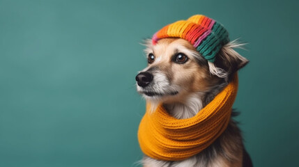 A dog in an orange scarf and hat. AI Generated