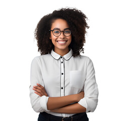 American black female student smiling happily on PNG transparent background. Study success concept.