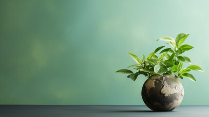 Globe and green plant on green background with copy - obrazy, fototapety, plakaty