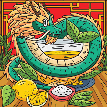 Year of the Dragon with Tea Cup Colored Cartoon