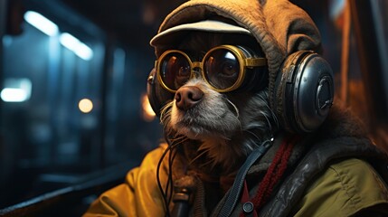 An adorable old senior dog wearing goggles, a yellow sweat jacket, and headphones. This image is perfect for showcasing style and personality in pets - obrazy, fototapety, plakaty