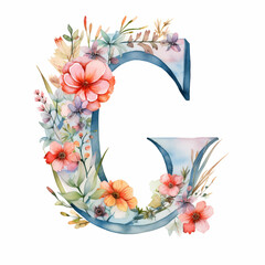 Watercolor letter G decorated with colorful flowers