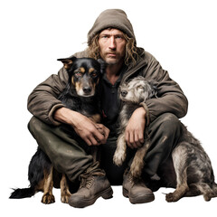 Homeless man with his dog on transparent background PNG. Dog concept is man's best friend. - obrazy, fototapety, plakaty