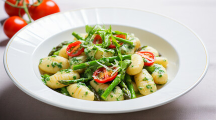 Gnocchi with asparagus wild garlic and cherry tomato