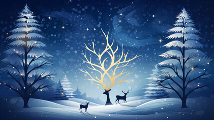 A lyrical landscape of shining Christmas trees and deer on a quiet snow-covered hill - obrazy, fototapety, plakaty