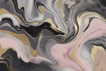 Abstract artwork featuring twisted waves of pale pink and dark gray, with a modern minimalist design enriched by silk and gold textures. Generative AI