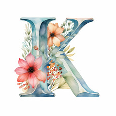 Watercolor letter K decorated with colorful flowers
