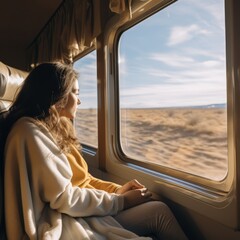 Fototapeta premium Portrait of young female tourist traveling by train snow landscpae Beautiful girl with a backpack sitting in the train. Traveling, journey
