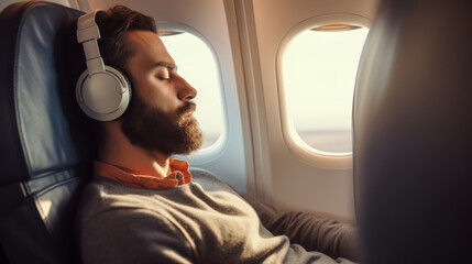 young man closing his eyes while travelling on an airplane adult male man wear headset taking rest on a plane travel concept - obrazy, fototapety, plakaty