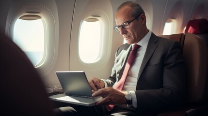 businessman using laptop computer manage working schedule online meeting on a plane business...