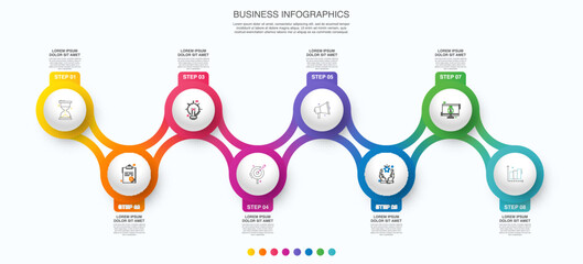 Vector line infographics with 8 circles. Business concept graphic process template with eight steps. Graphic timeline for app, website, interface, chart, levels, web, diagram, banner, presentations - obrazy, fototapety, plakaty