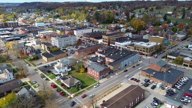 Logan, Ohio, aerial drone footage of the downtown and surrouding town. Hocking County Courthouse, aerial drone.