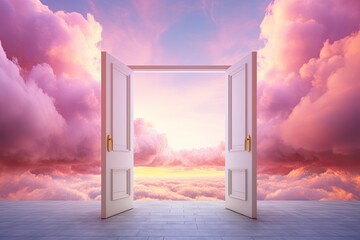 open door in the sky on cloud background - obrazy, fototapety, plakaty