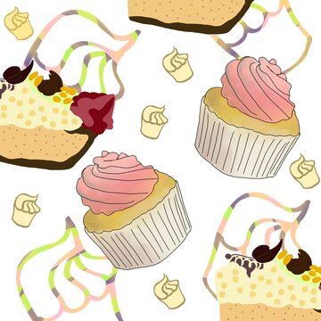 Cakes and cupcakes pattern, colourful sweets background