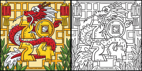 Year of the Dragon 2024 Coloring Page Illustration