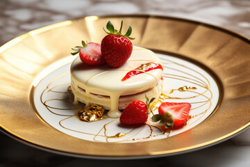 Luxury, fine white chocolate with strawberry on a plate close up
