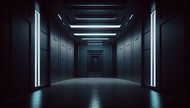 Background of an empty dark room with a modern futuristic sci-fi theme.