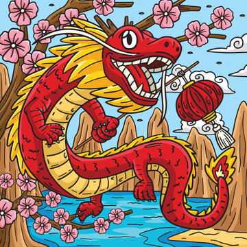 Year of the Dragon Holding Lantern Colored Cartoon