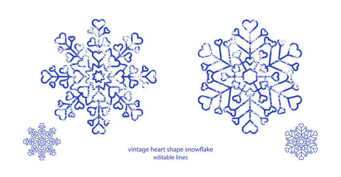 Grunge heart shape snowflake vector illustration. Snow flake with hearts for use in christmas, xmas, winter holiday, valentine's day, new year projects.
