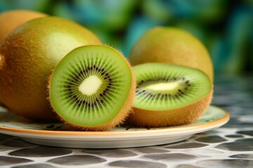 kiwi fruit on table with green patterned tile background. Generative AI