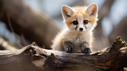 Naklejka na ściany i meble Curious Young Fox Cub Peering from a Fallen Log in Natural Habitat