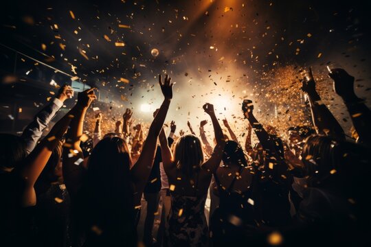 A lively crowd immersed in dance and merriment at a New Year's Eve bash