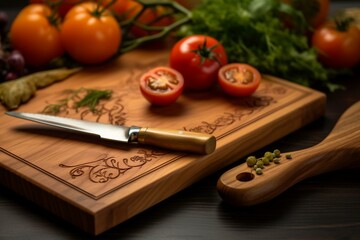 wooden cutting board with a knife. Generative AI
