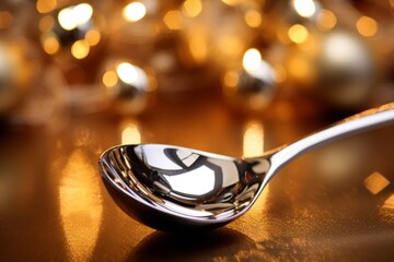 Detailed view of a polished silver serving spoon under the New Year's Eve lights