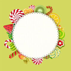 Set of various candy canes and candies on a round paper napkin. Background, card. 