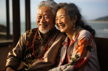 Happy and affectionate elderly Asian couple enjoying a romantic moment together by the beautiful ocean scenery. Love and happiness at any age., format: JSON - obrazy, fototapety, plakaty