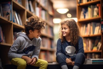 Two children sitting in a bookstore, looking at shelves filled with books, and talking about the books. Reading on the library. Education and back to school concept.
