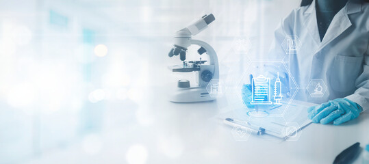 Chemist taking notes on research data, Scientist is working in the laboratory, Chemist is analyzing experimental results and taking notes in the laboratory, lab idea.