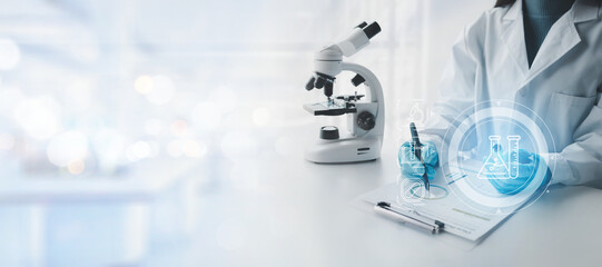 Chemist taking notes on research data, Scientist is working in the laboratory, Chemist is analyzing experimental results and taking notes in the laboratory, lab idea.