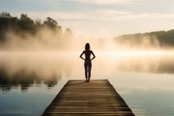 Young woman meditating on a wooden pier on the edge of a lake to improve focus. Woman in a doing...