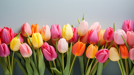 Vibrant Assorted Tulips Row on Neutral Background for Spring Season