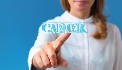 Female doctor pointing finger at the word cancer. Medicine and health. Cancer woman disease concept. Generative ai