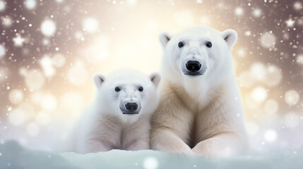 Polar bears in the snow, Christmas background