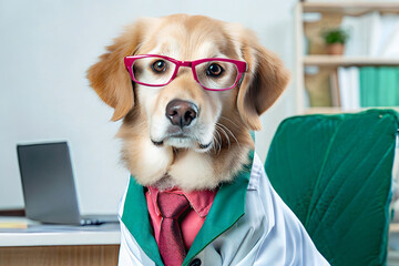 Dog in eyeglasses and white coat like businessman vet sitting at table with pc laptop.Funny business and science veterinary concept.Ai generated.