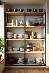 Obraz na płótnie Canvas interior space design management small area organize wooden shelf with kitchen and dining stuff arrange on the hanging cabinet home interior detail background concept