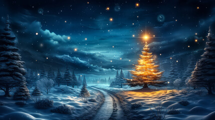 Winter Wonderland: 3D Rendered Christmas Tree and Starry Sky