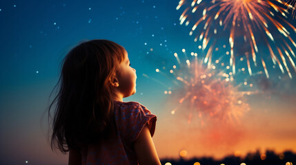 Happy little girl looking at fireworks on New Year's night at the river and the city.