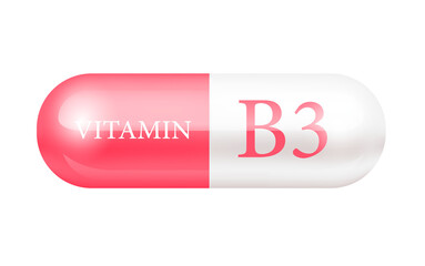 Capsule vitamin B3 (Thiamine) structure pink, white. Vitamin complex with chemical formula. Drug business. Personal care, beauty concept. Vector Illustration. Cut out PNG transparent pill.