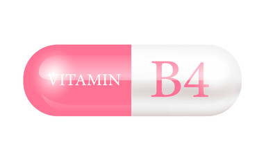 Capsule vitamin B4 (Thiamine) structure light pink, white. Vitamin complex with chemical formula. Drug business. Personal care, beauty concept. Vector Illustration. Cut out PNG transparent pill.