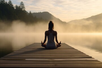 Young woman meditating on a wooden pier on the edge of a lake to improve focus. Woman in a doing yoga on a serene lakeside dock. Yoga, sport, leisure, recreation and freedom. - obrazy, fototapety, plakaty