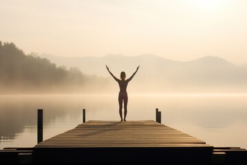 Young woman meditating on a wooden pier on the edge of a lake to improve focus. Woman in a doing...